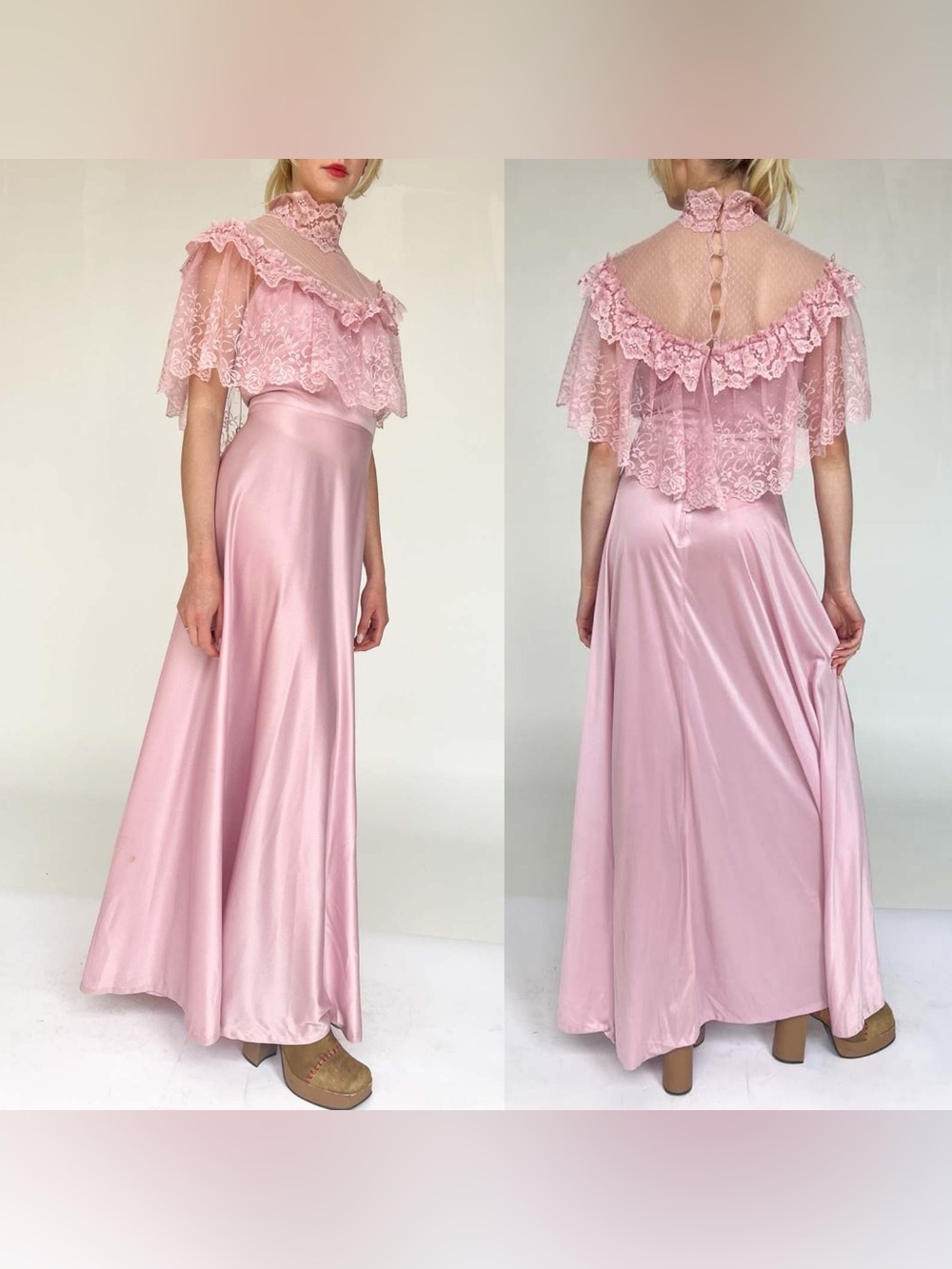 Vintage 80s JC Penney Lace Prom Maxi Dress Light Pink Modern 10/12 Prairie Gown - Picture 2 of 13